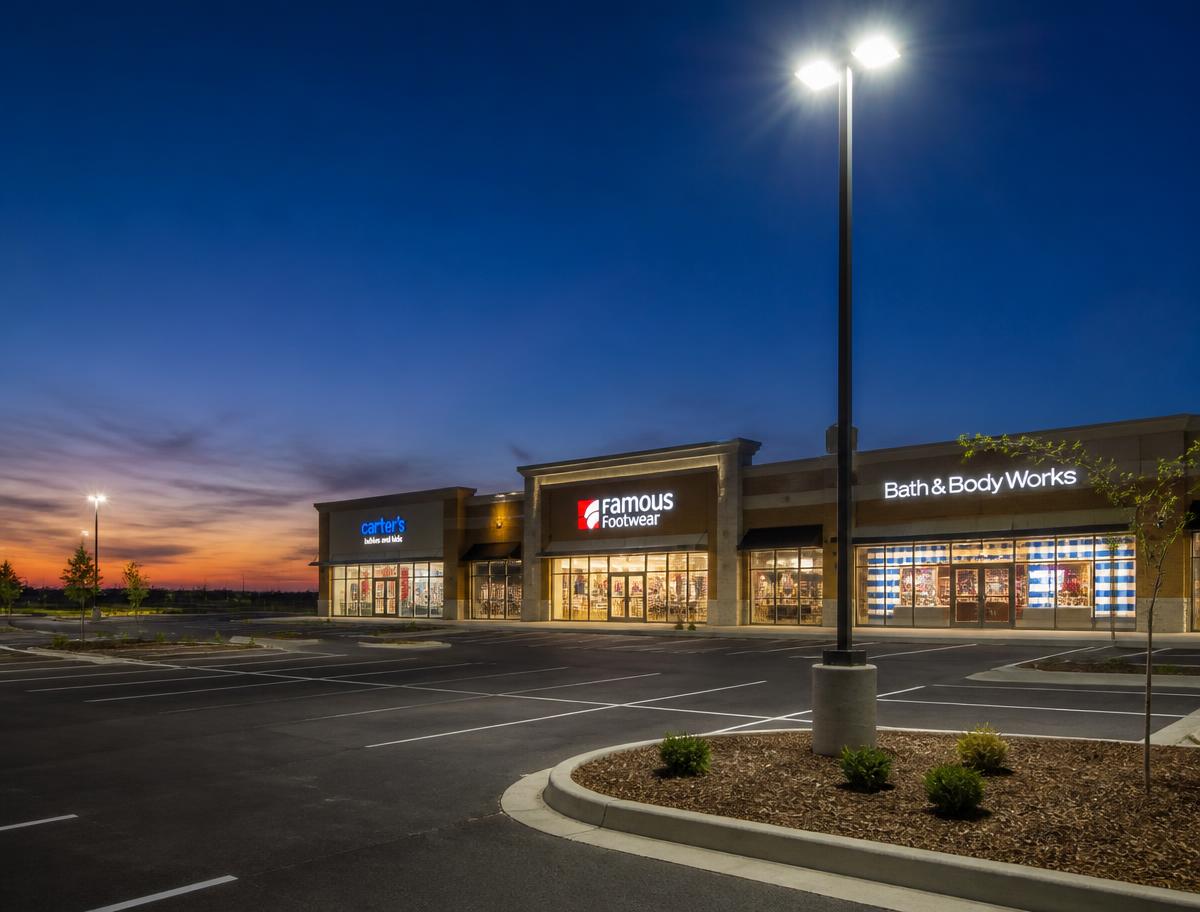 Parking lot with newly installed LED shoebox pole lights at dusk