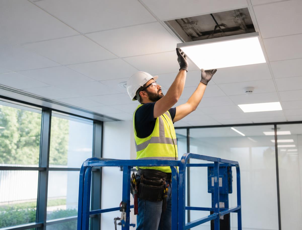 Electrician installing a new LED flat panel in an office ceiling
